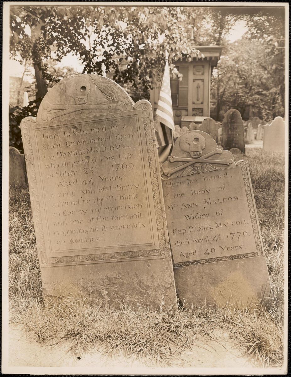 Leon Abdalian's photograph of Capt. Daniel Malcom's stone, Copp's Hill, ca. 1920-1960, with the pocks visible