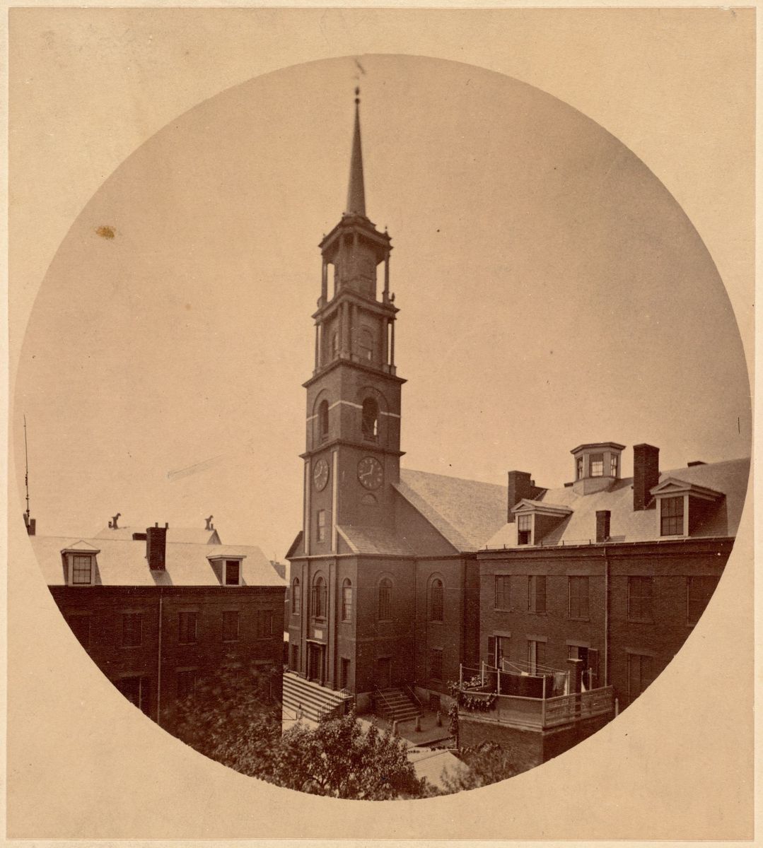 Josiah Johnson Hawes's albumen print of the Hollis Street Church, c. 1860 - the building on whose lot the Hollis Street Theatre later stood.