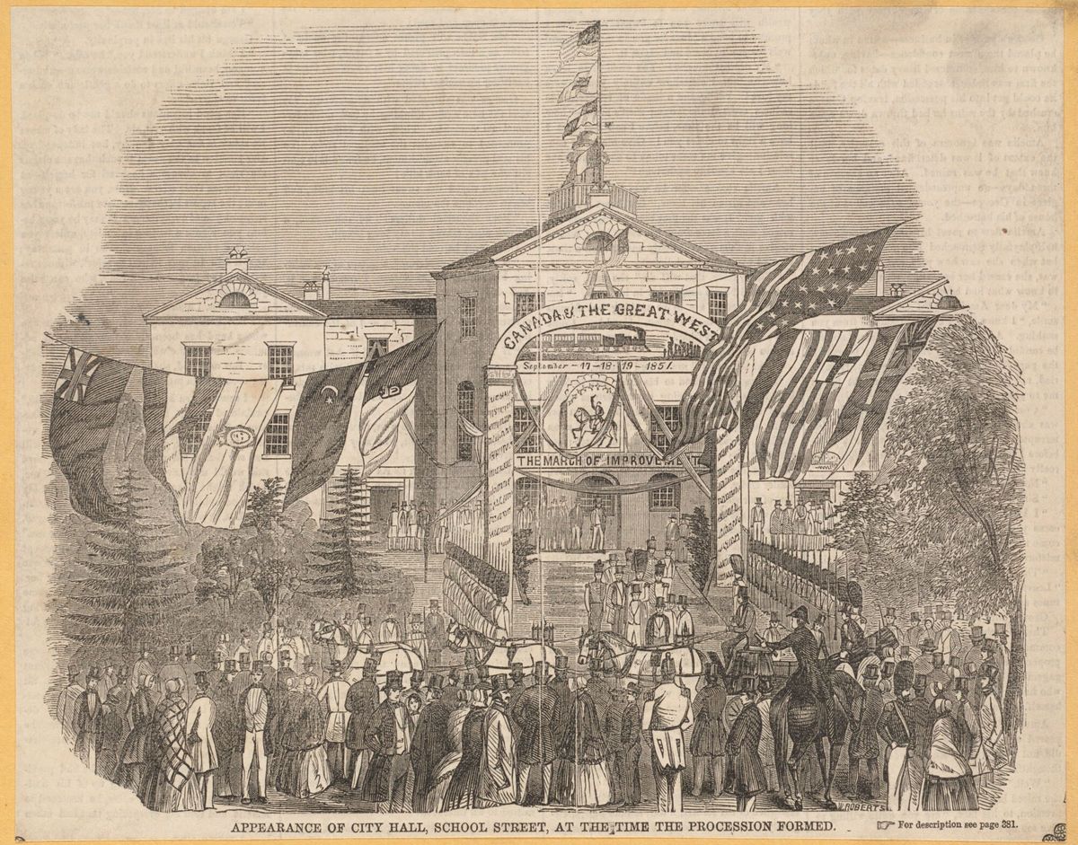 Engraving of City Hall on School Street, 1851 - the building on School Street before the 1865 City Hall, in the system's first years.