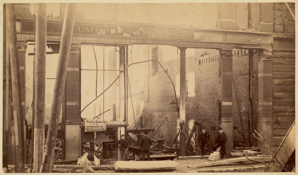 Ruins of the Claflin, Larrabee building after the Great Fire, photograph by Geo. W. Reynolds, ca. 1872.