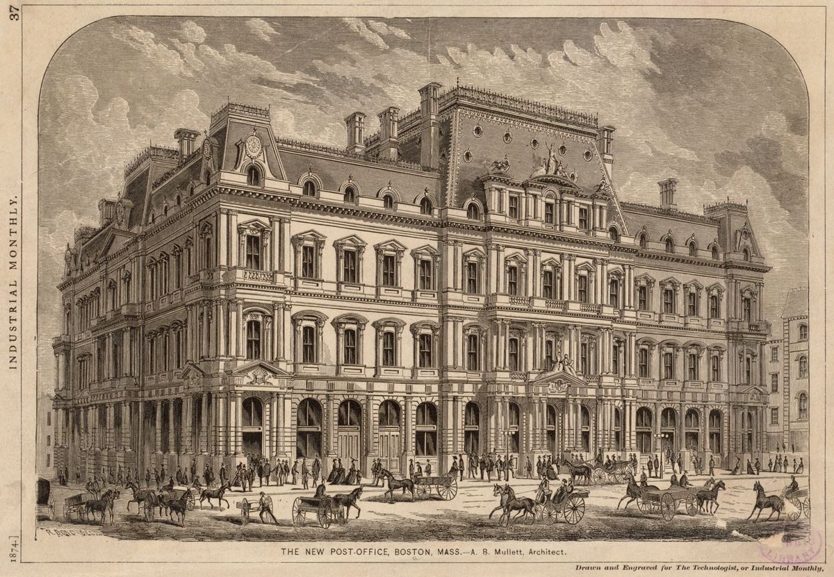 Engraving, 'The new post-office, Boston, Mass. A. B. Mullett, architect,' 1874 - the building that survived the fire's edge, as completed.