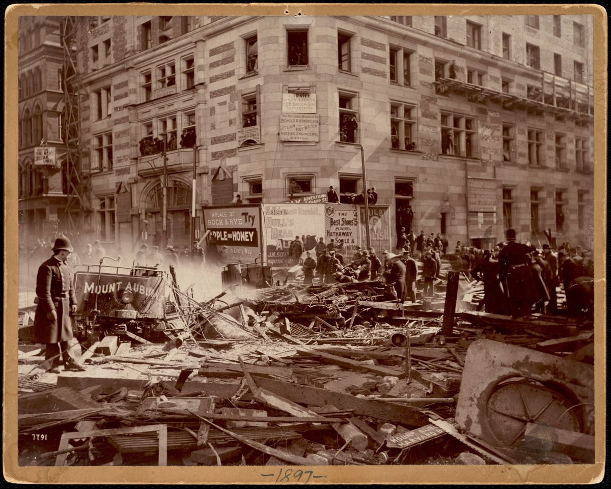 The scene at Tremont and Boylston after the gas explosion of March 4, 1897 (photographic print by N. L. Stebbins)